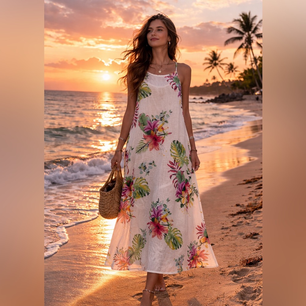 Lungo L'arno Linen Dress Womens Size Large White Floral Midi Coastal Beach